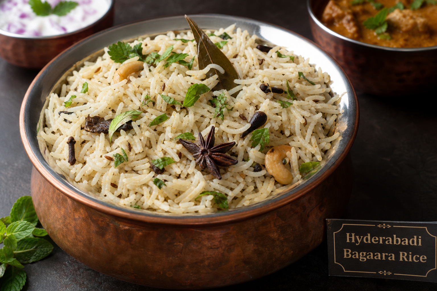 Close-up bowl of Hyderabadi bagara rice with peanuts, sesame seeds and curry leaves, garnished with lemon