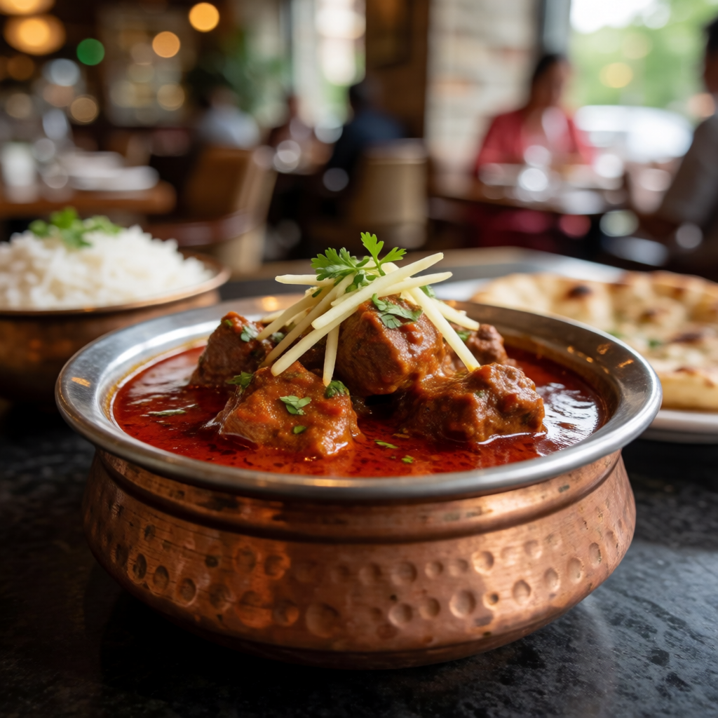 Close-up bowl of rich goat curry with bone-in pieces in a deep red gravy, garnished with cilantro